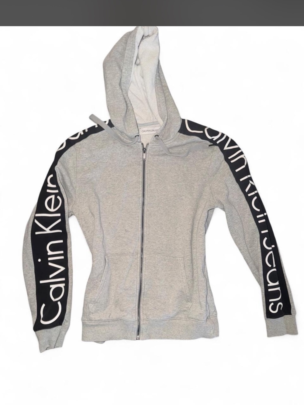Calvin Klein Jeans Light Gray Hoodie Jacket with Black Logo Stripes